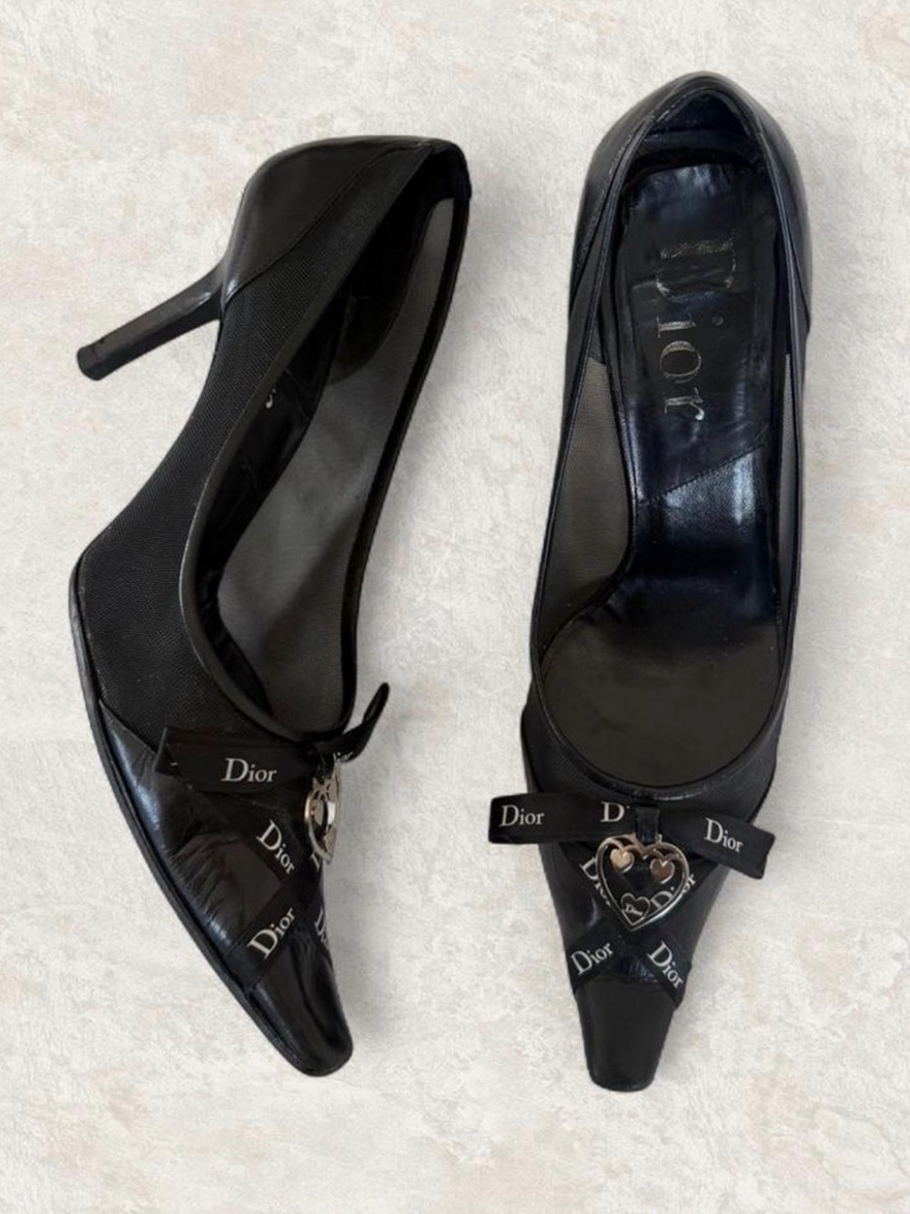 Extremely Rare Dior Galliano Black Pointed Toe Logo Ribbon Bow Heart Charm Heels